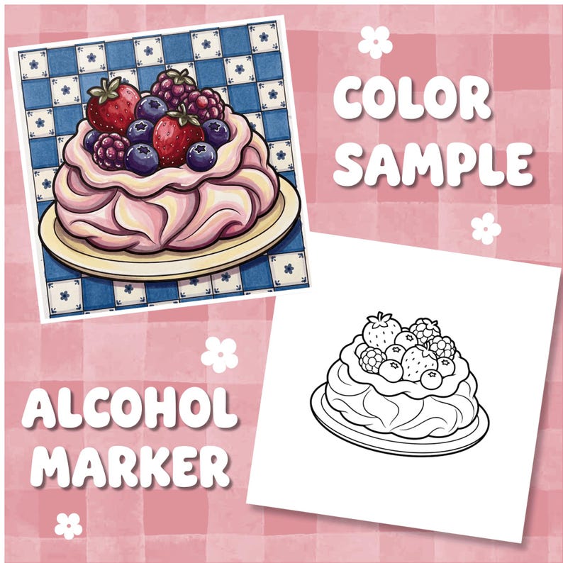 May include: A digital illustration featuring a colored dessert topped with strawberries, blueberries, and blackberries on a blue checkered background, alongside a black and white line art version. The text reads COLOR SAMPLE and ALCOHOL MARKER.