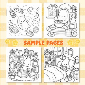 以下が含まれることがあります： かわいいバナナのキャラクターが様々なシーンで描かれた4枚の白黒塗り絵ページ。食べ物と一緒にいる様子、小麦粉を使って料理をしている様子、洗濯をしている様子、ベッドで本を読んでいる様子が描かれています。SAMPLE PAGESというテキストが表示されています。