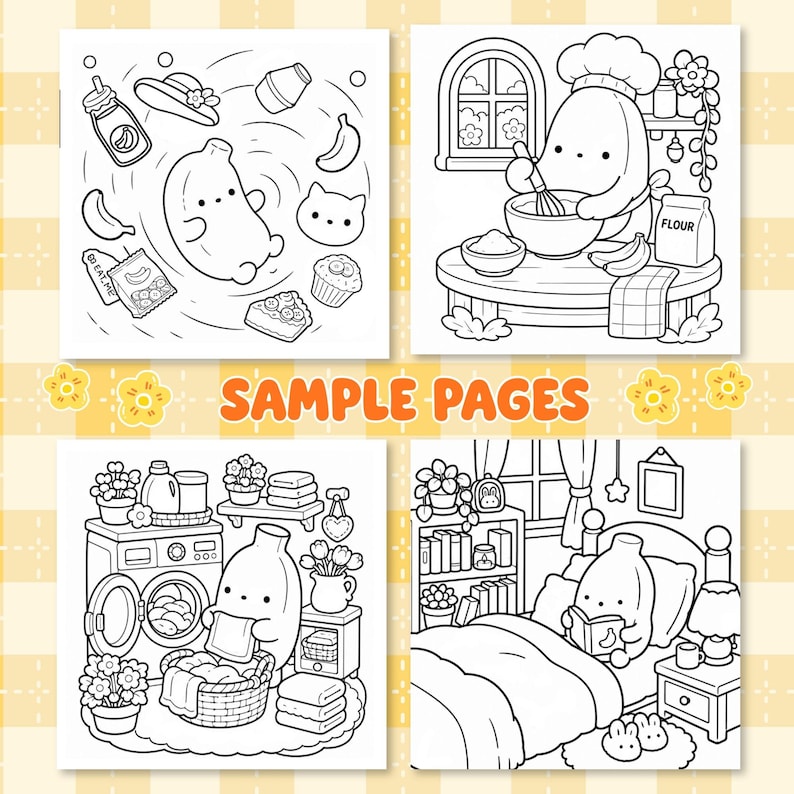 以下が含まれることがあります： かわいいバナナのキャラクターが様々なシーンで描かれた4枚の白黒塗り絵ページ。食べ物と一緒にいる様子、小麦粉を使って料理をしている様子、洗濯をしている様子、ベッドで本を読んでいる様子が描かれています。SAMPLE PAGESというテキストが表示されています。