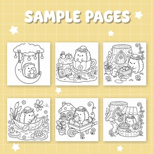 May include: A colouring book page set featuring six black and white illustrations of hedgehogs in various scenes, including sitting on a crescent moon, in a teacup, and gardening. The text SAMPLE PAGES is printed in white at the top on a yellow grid.