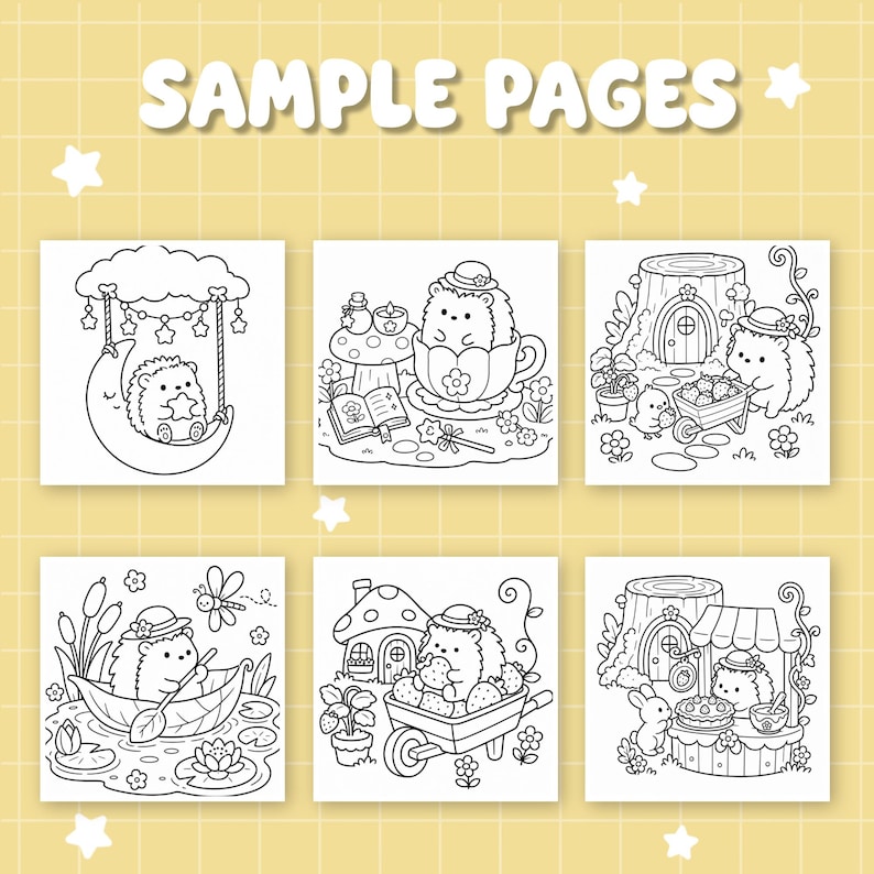 May include: A colouring book page set featuring six black and white illustrations of hedgehogs in various scenes, including sitting on a crescent moon, in a teacup, and gardening. The text SAMPLE PAGES is printed in white at the top on a yellow grid.