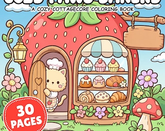 Páginas para colorir imprimíveis da Padaria Paws em estilo cottagecore aconchegante, com personagens de animais para adultos e crianças, download digital.
