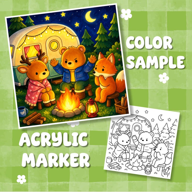 Puede incluir: Un set de p&aacute;ginas para colorear con una ilustraci&oacute;n a color y una versi&oacute;n en blanco y negro. La imagen muestra un ciervo, un oso y un zorro acampando junto a una fogata frente a una caravana de noche. El texto dice COLOR SAMPLE y ACRYLIC MARKER.