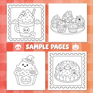 May include: Four black and white coloring pages featuring Halloween-themed illustrations of a mug with a skull, a platter of decorated cupcakes, a single cupcake with a ghost, and a bundt cake with pumpkins. The text SAMPLE PAGES is centered.