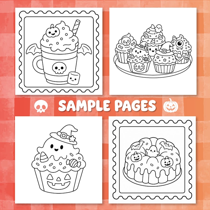 May include: Four black and white coloring pages featuring Halloween-themed illustrations of a mug with a skull, a platter of decorated cupcakes, a single cupcake with a ghost, and a bundt cake with pumpkins. The text SAMPLE PAGES is centered.