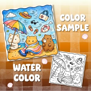 May include: A watercolour illustration featuring three cartoon animals on a beach with a rainbow umbrella, a sun hat, a tote bag, sunglasses, flip-flops, and a life ring. A black and white line art version of the same scene is also included.