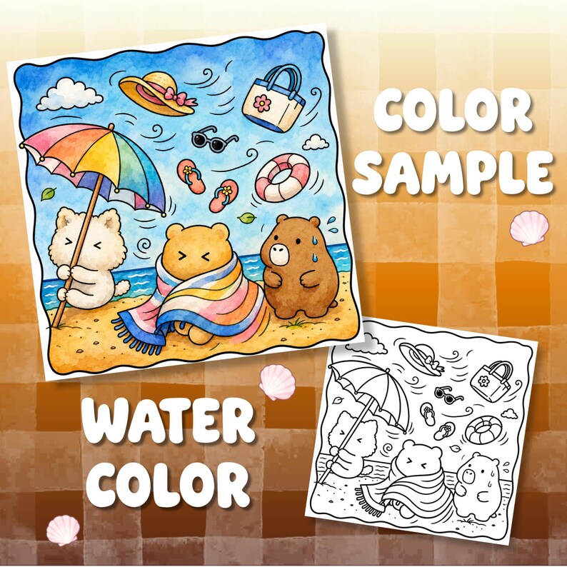 May include: A watercolour illustration featuring three cartoon animals on a beach with a rainbow umbrella, a sun hat, a tote bag, sunglasses, flip-flops, and a life ring. A black and white line art version of the same scene is also included.