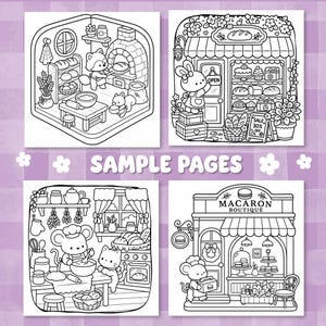 Puede incluir: Cuatro p&aacute;ginas para colorear en blanco y negro con animales antropom&oacute;rficos en entornos de panader&iacute;a y cocina. Las escenas incluyen un mapache horneando, un conejo en la entrada de una tienda, un rat&oacute;n cocinando y una tienda Macaron Boutique.