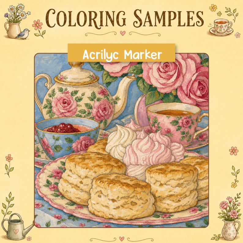 May include: A coloring sample sheet titled Coloring Samples and Acrilyc Marker featuring a tea party illustration with a teapot, teacup, bowl of jam, and scones on a plate, surrounded by pink roses and small floral accents on a light yellow background.