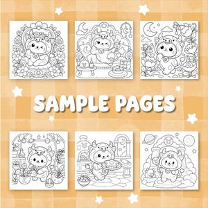 May include: Six black and white coloring pages featuring a cartoon cat wearing a cow costume with a Taurus symbol. The pages show the character in various settings including a floral throne, a lounge, a garden, and a kitchen. Text reads SAMPLE PAGES.