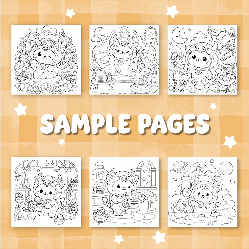 May include: Six black and white coloring pages featuring a cartoon cat wearing a cow costume with a Taurus symbol. The pages show the character in various settings including a floral throne, a lounge, a garden, and a kitchen. Text reads SAMPLE PAGES.