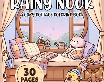Printable Cottagecore Rainy Cozy Coloring Book, Kawaii Pages for Adults and Kids, Instant Download