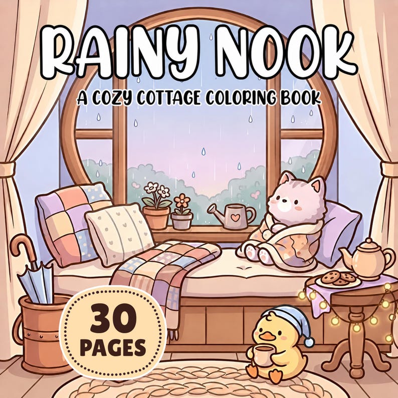 May include: A coloring book titled RAINY NOOK A COZY COTTAGE COLORING BOOK with 30 PAGES. The cover illustration features a window view of rain, a cat wrapped in a blanket on a window seat, a duckling with a mug, a teapot, and an umbrella in a stand.