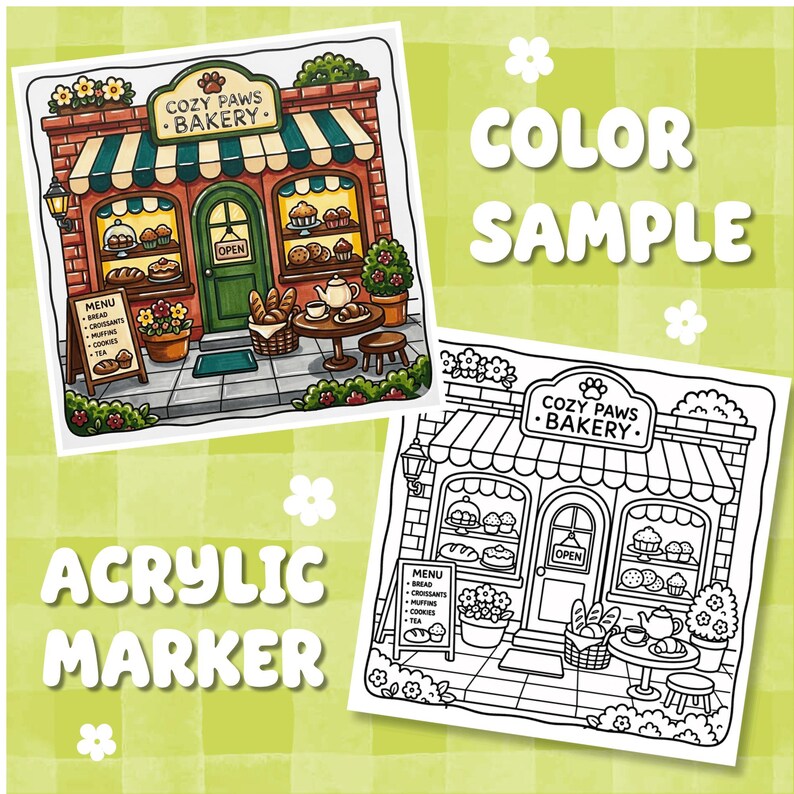 May include: A coloring page set featuring a bakery storefront titled Cozy Paws Bakery. One version is fully colored with red brick, green accents, and baked goods, while the other is a black and white line art version for coloring.