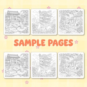 May include: A set of six black and white coloring book pages featuring detailed line art illustrations of cats in various settings, including a temple garden, playing with carp streamers, and walking across a bridge, with the text SAMPLE PAGES.