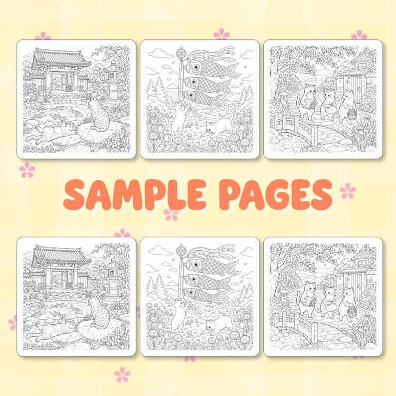 May include: A set of six black and white coloring book pages featuring detailed line art illustrations of cats in various settings, including a temple garden, playing with carp streamers, and walking across a bridge, with the text SAMPLE PAGES.
