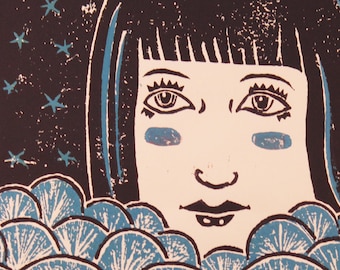 Mystery Girl in the waves block print SALE