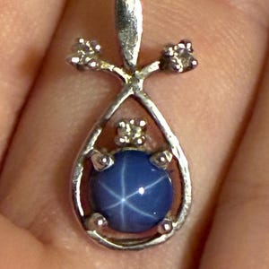 14k Natural Blue Star Sapphire Diamond White Gold Tear Drop Pendant