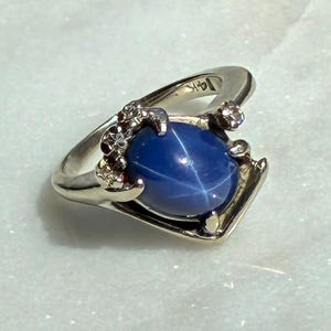 14k Natural Blue Star Sapphire Diamond White Gold Asymmetrical Mid Century MCM Ring