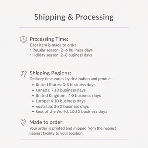 May include: Image with the text "Shipping & Processing". It details processing times of 2-6 business days in the regular season and 2-8 business days during the holiday season. Shipping times vary by region, including the United States, Canada, and Europe.
