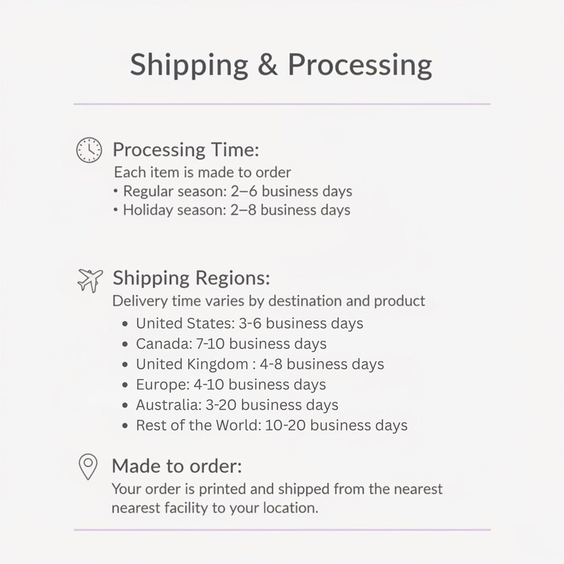 May include: Image with the text "Shipping & Processing". It details processing times of 2-6 business days in the regular season and 2-8 business days during the holiday season. Shipping times vary by region, including the United States, Canada, and Europe.