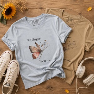 Self Growth Shirt for Women, Oversized Butterfly Graphic Tee, Minimalist Motivational T Shirt “ Bigger Than Me ” image 2