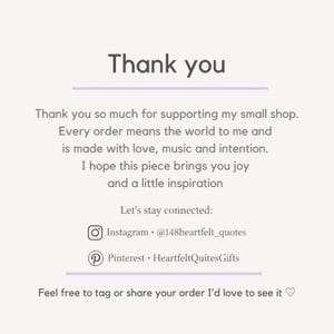 May include: A light purple graphic with the words "Thank you" in a dark grey font. The text below expresses gratitude for supporting a small shop and includes social media handles for Instagram and Pinterest.