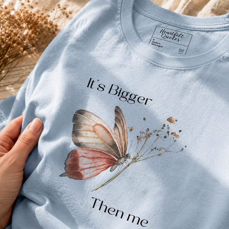 Self Growth Shirt for Women, Oversized Butterfly Graphic Tee, Minimalist Motivational T Shirt “ Bigger Than Me ” image 4