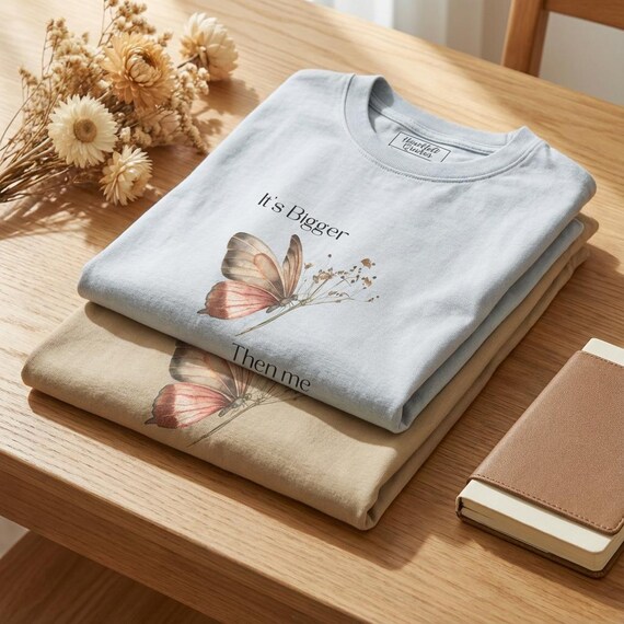 Self Growth Shirt for Women, Oversized Butterfly Graphic Tee, Minimalist Motivational T Shirt “ Bigger Than Me ”