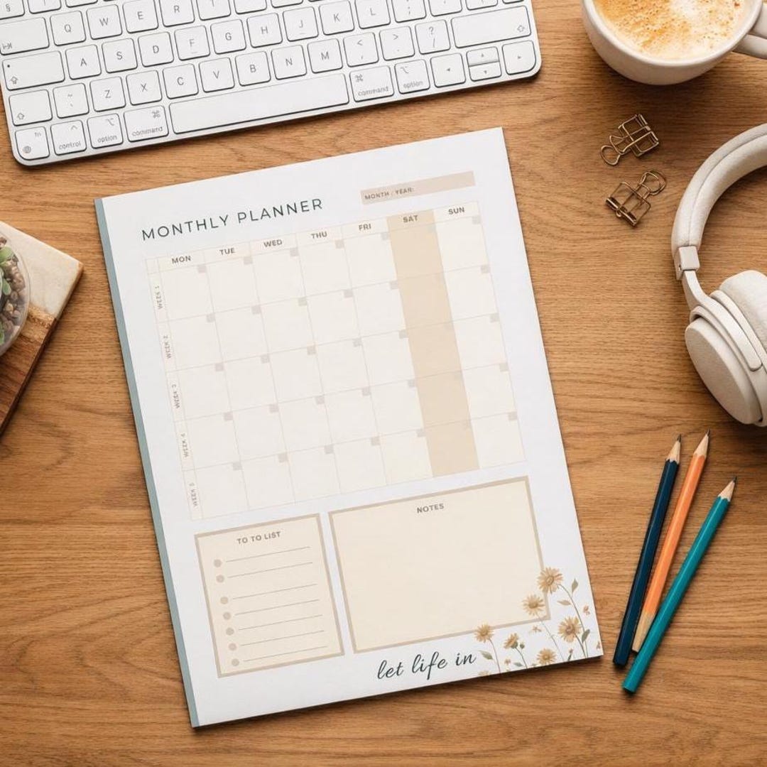 Monthly Planner Notepad | Undated Sunflower Desk Pad | Work Life ...