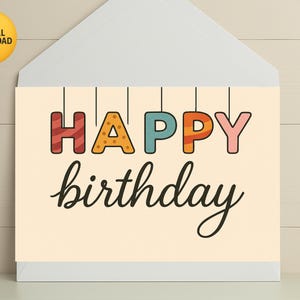 Cartão de Feliz Aniversário Colorido - Download Digital para Imprimir - Cartão de Aniversário Moderno para Todas as Idades - Cartão Divertido Faça Você Mesmo