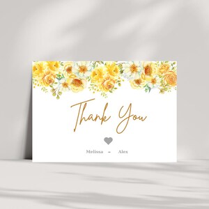Modello di biglietto di ringraziamento, biglietto di ringraziamento floreale giallo stampabile, ringraziamento floreale per matrimonio primaverile, baby shower gender-neutral, matrimonio