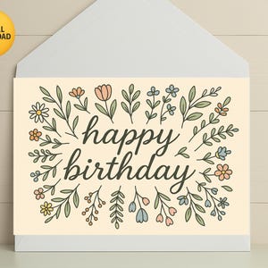 Cartão de aniversário floral minimalista, cartão de felicitações digital desenhado à mão para impressão, cartão de feliz aniversário