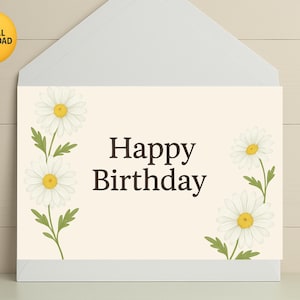 Cartão de aniversário Daisy - Cartão floral elegante para impressão - Download digital - Cartão de feliz aniversário para ela - Cartão de felicitações botânico
