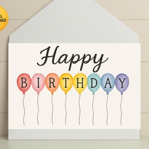 Cartão de aniversário com balão de aquarela - Download digital para impressão - Cartão de feliz aniversário colorido - Cartão de aniversário faça você mesmo para todas as idades