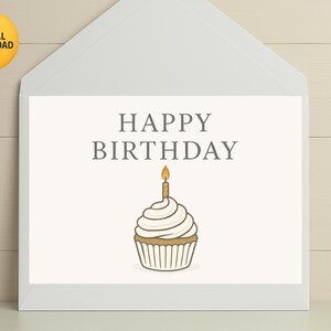 Cartão de Aniversário Digital Download Instantâneo | Cartão de Aniversário de Cupcake Fofo | Saudação de Aniversário para Imprimir