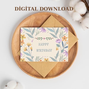 Cartão de aniversário com flores para impressão, download instantâneo em PDF, cartão de felicitações digital, cartão de feliz aniversário, cartão de aniversário floral, impressão em casa