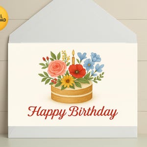Cartão de aniversário floral para impressão | Saudação de aniversário digital elegante | Cartão de bolo de aquarela para download instantâneo