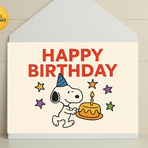 Cartão de aniversário de cachorro fofo de desenho animado - Download digital para impressão - Cartão de feliz aniversário divertido para crianças e amantes de cães