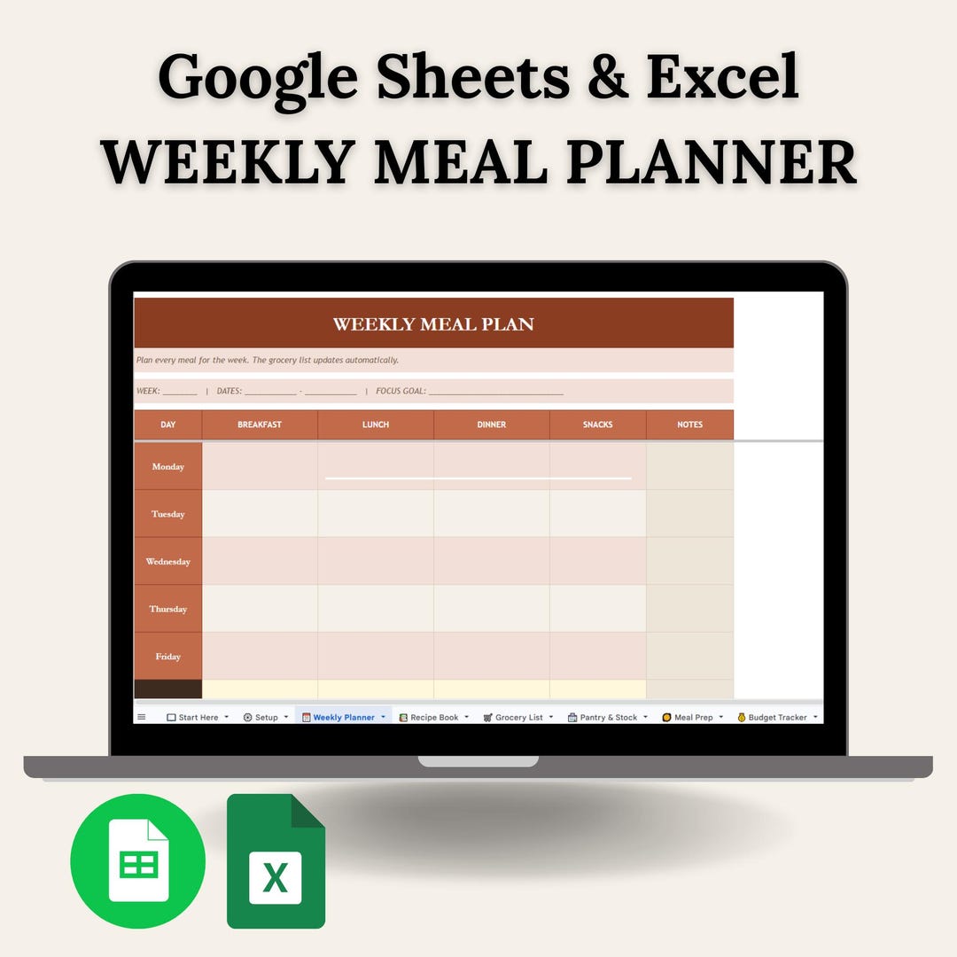 Weekly Meal Planner Spreadsheet | Google Sheets & Excel | Family Meal ...