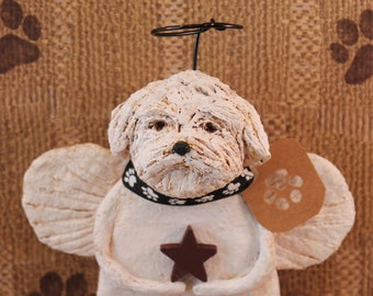 Maltese Angel Figurine, Handmade Papier Mache, Maltese Lover Gifts, Pet Lover Gifts, Primitive Maltese Angel, Dog Lover Gifts