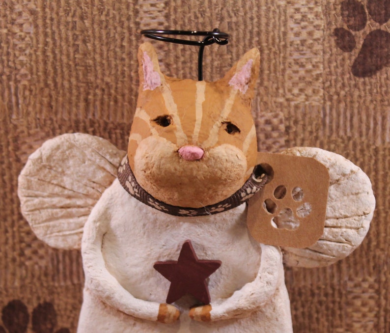 Primitive Tiger Cat Angel Orange Tiger Cat Angel Figurine Folk Art Cat Angel Handmade Papier Mache Orange Tiger Cat Angel