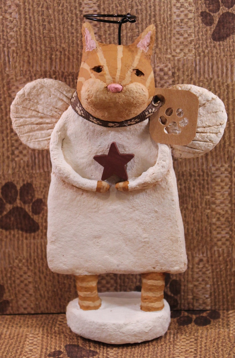 Primitive Tiger Cat Angel Orange Tiger Cat Angel Figurine Folk Art Cat Angel Handmade Papier Mache Orange Tiger Cat Angel