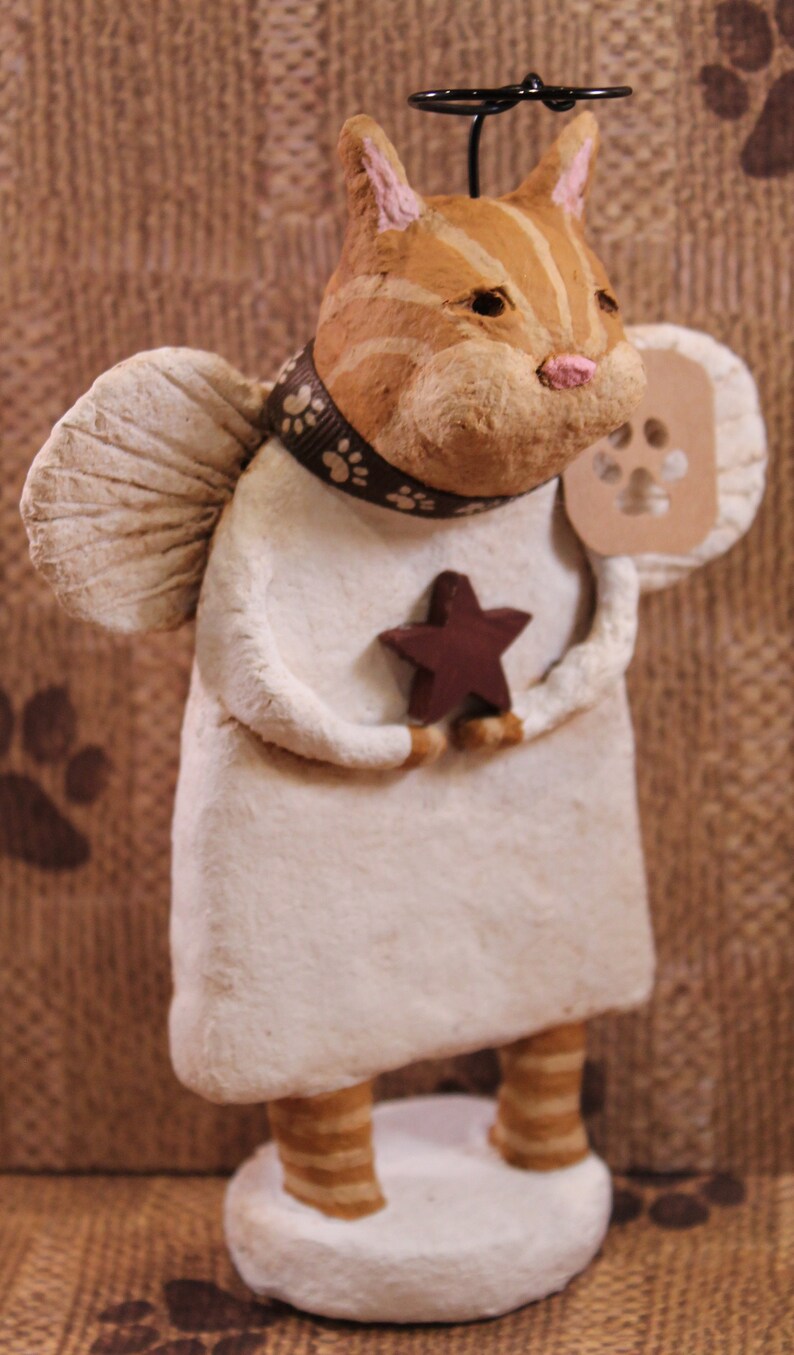 Primitive Tiger Cat Angel Orange Tiger Cat Angel Figurine Folk Art Cat Angel Handmade Papier Mache Orange Tiger Cat Angel