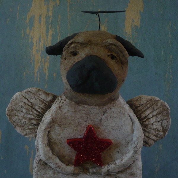 Pug Christmas Angel, OOAK, handmade from papier mache, PRIMITIVE PUG