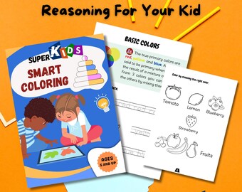May include: A colorful book cover for kids with the title "Super Kids Smart Coloring". The cover features two children looking at a tablet with a drawing of a butterfly. The book is for ages 5 and up.