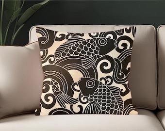 Pillow cover bold graphic “Waveform” in color onyx. Asian inspired Fish in the waves print great for living room, porch, sunroom. Black