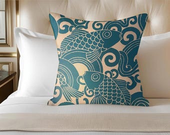 Pillow cover bold graphic “Waveform” in color Caribbean blue Asian inspired Fish in the waves print great for living room, porch, sunroom.