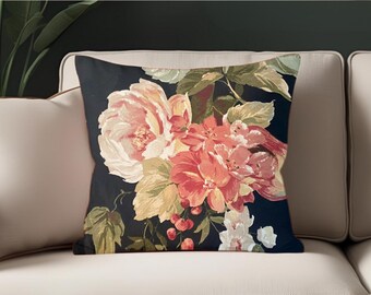 Pillow Vintage Waverly fabric with floral and fruits cozy country cottage Peony, Garden Rose, Apple, Grapes. Dark garden, roses, sofa or bed