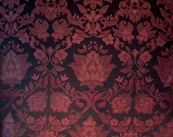 Tapestry fabric by the yard in burgundy and black